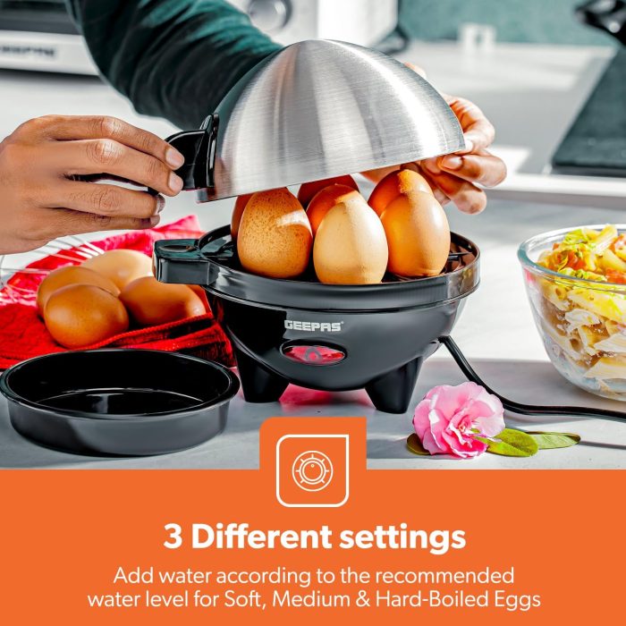 Geepas  Egg Boiler Poacher, 350W | Electric Egg Cooker & Omelette Maker, Vegetable Steamer | Poaching Bowl, Measuring Cup with Egg Piercer | Up to 7 Egg Capacity, Soft Medium & Hard-Boiled Eggs
