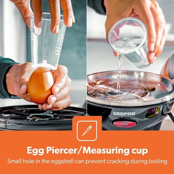 Geepas  Egg Boiler Poacher, 350W | Electric Egg Cooker & Omelette Maker, Vegetable Steamer | Poaching Bowl, Measuring Cup with Egg Piercer | Up to 7 Egg Capacity, Soft Medium & Hard-Boiled Eggs