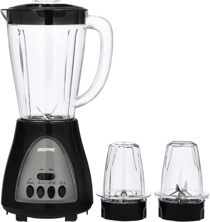 Geepas 3 In 1 Blender, Powerful Motor 400W, Gsb44034 Stainless Steel Cutting Blades Six Speed With Pulse Function 1.5L Jar Juice Extractor For Whole Fruits Vegetables, Ice Crusher, Black