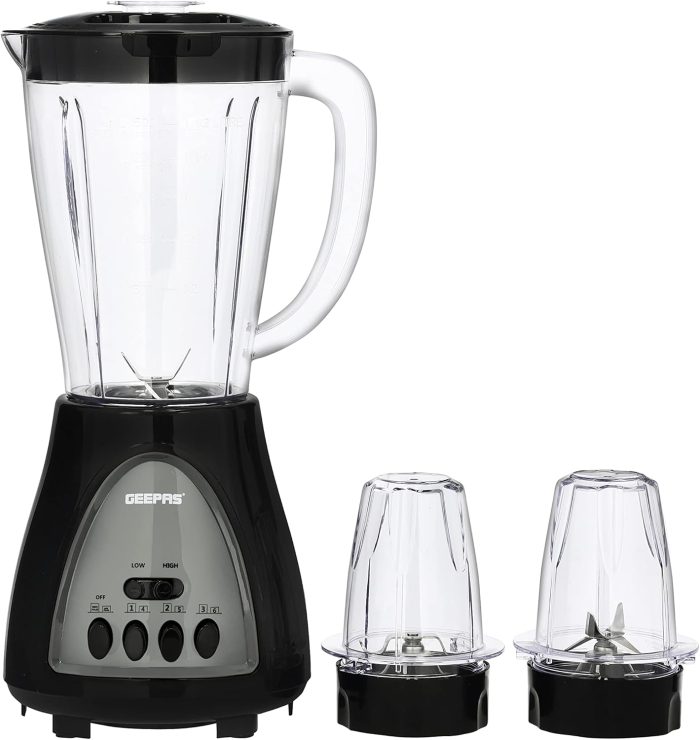 Geepas 3 In 1 Blender, Powerful Motor 400W, Gsb44034 Stainless Steel Cutting Blades Six Speed With Pulse Function 1.5L Jar Juice Extractor For Whole Fruits Vegetables, Ice Crusher, Black