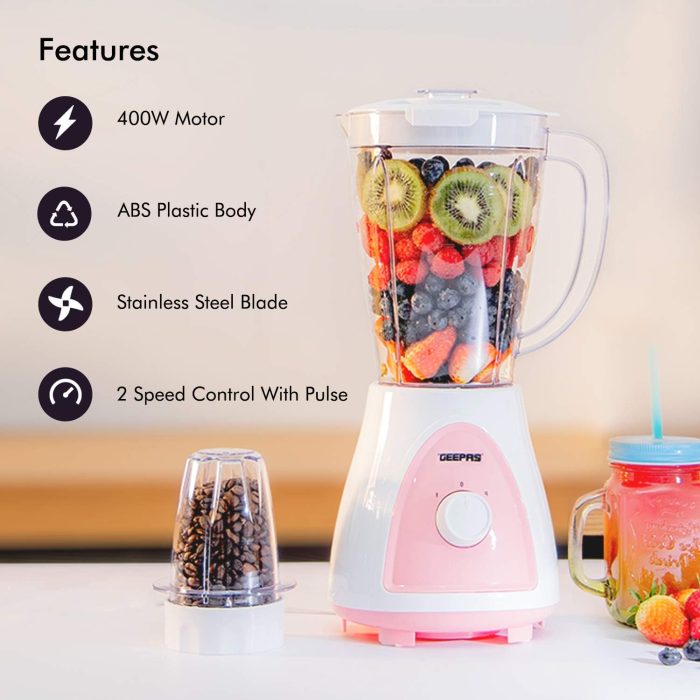 Geepas Gsb5485 400 Watt 2 In 1 Countertop Blender Blue & White/Pink & White Assorted