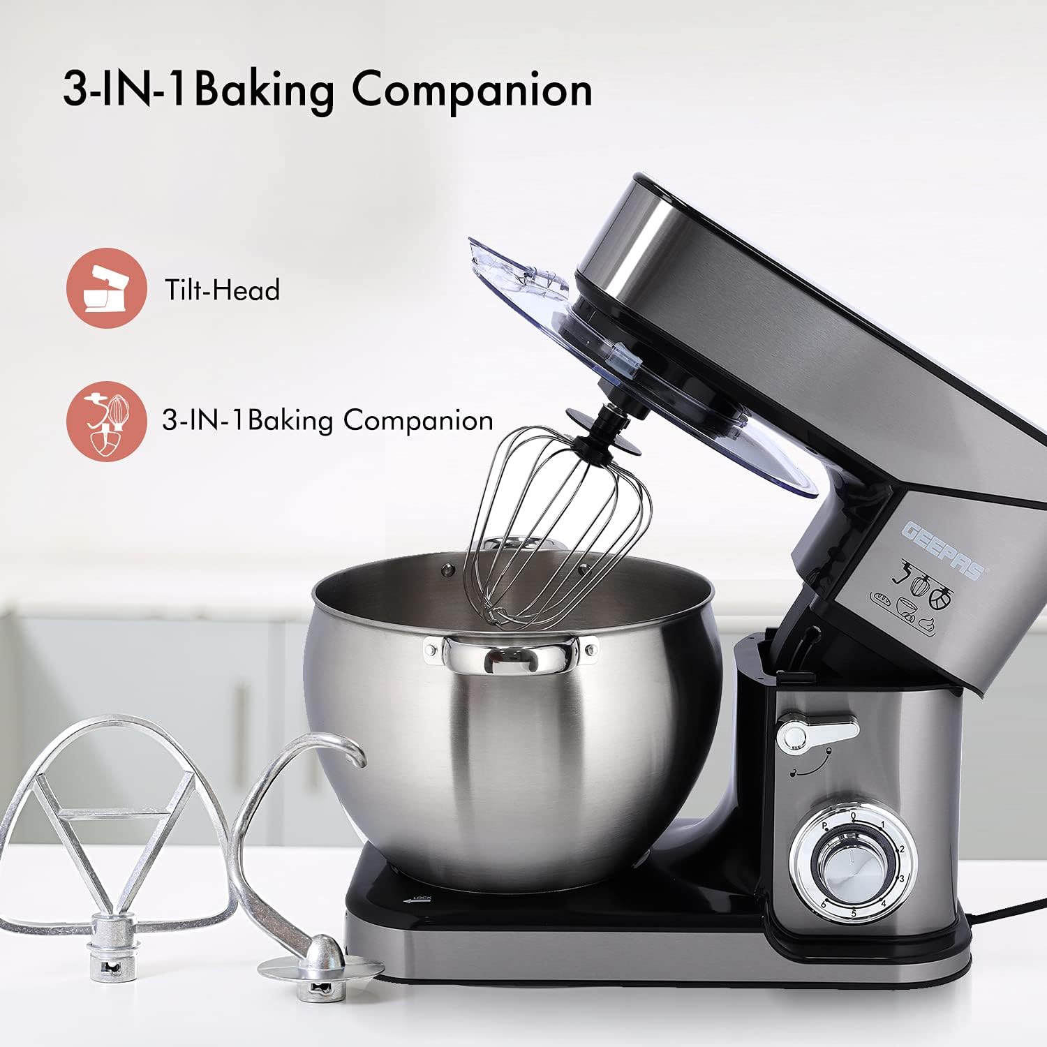71SNo2K9s4S._AC_SL1500_ Geepas 2000W Stand Mixer 10L Stainless Steel Mixing Bowl for Bread & Dough, Tilt up Head 6 Speed with Pulse Power Indicator, Multicolor, Gsm43041