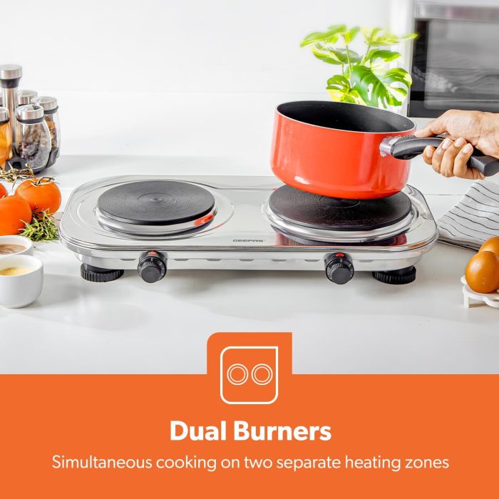 Geepas 2500W Stainless Steel Double Hot Plate – Portable Electric Hob Double Burner with Adjustable Temperature Control, Cast Iron