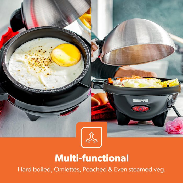 Geepas  Egg Boiler Poacher, 350W | Electric Egg Cooker & Omelette Maker, Vegetable Steamer | Poaching Bowl, Measuring Cup with Egg Piercer | Up to 7 Egg Capacity, Soft Medium & Hard-Boiled Eggs