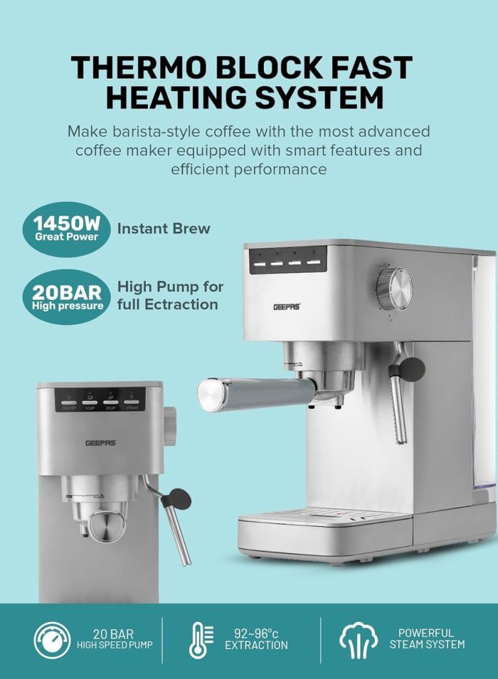 Geepas Espresso and Cappuccino Coffee Machine- GCM1415SS E26 Platinum Series, Equipped with 20 Bar High Pressure Pump and Powerful Steam System Makes Cappuccino, Lattes, Espresso, Macchiato, Mocha