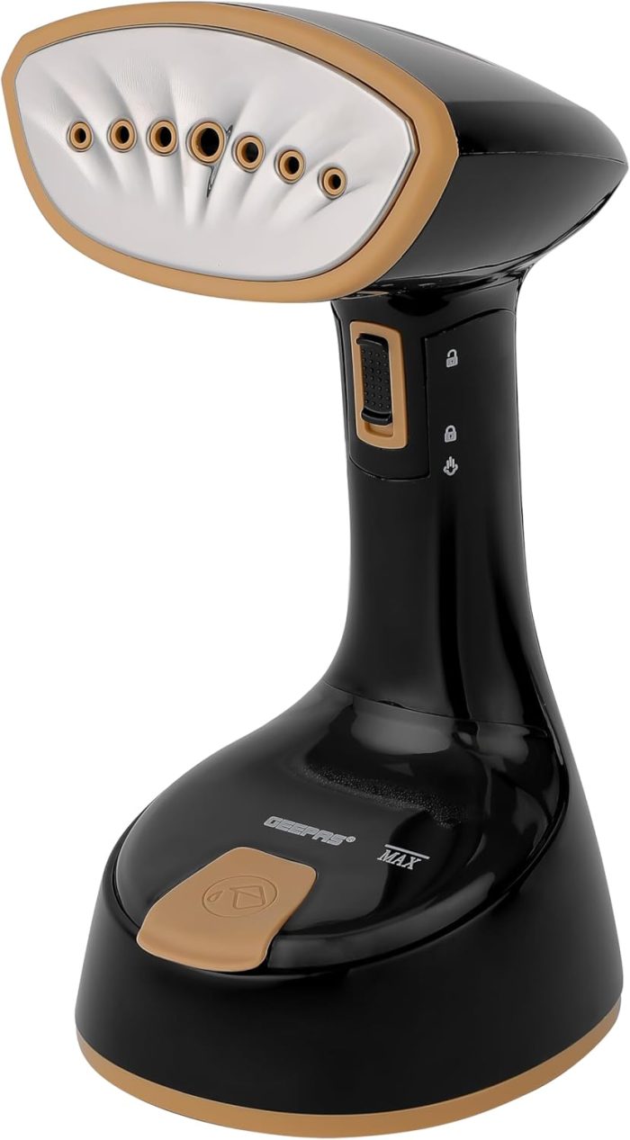 Geepas Handheld Garment Steamer- GGS25034| Ready to Use in 30 Seconds| Suitable for All Kinds of Fabric | Equipped with Stainless Steel Head and 150 ML Capacity| Black and golden, 2 Years Warranty