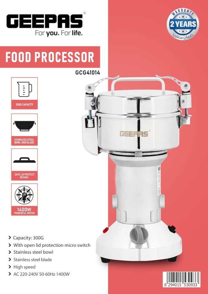 Geepas Food Processor, SS Bowl with Lid, 300g capacity | GCG41014 | Stainless Steel Blade| Safe Lid Protect Design | Mixer Grinder for Herb/ Spice/ Nut with Overload Protection