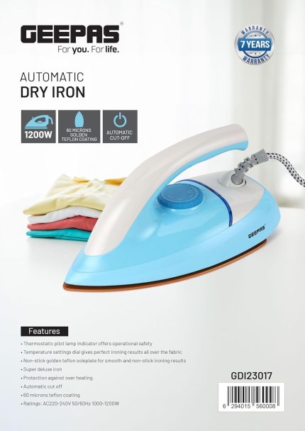 Geepas GDI23017 Dry Iron|Non-Stick Coating Plate & Adjustable Thermostat Control | Indicator Light with ABS Material | 2 Years Warranty