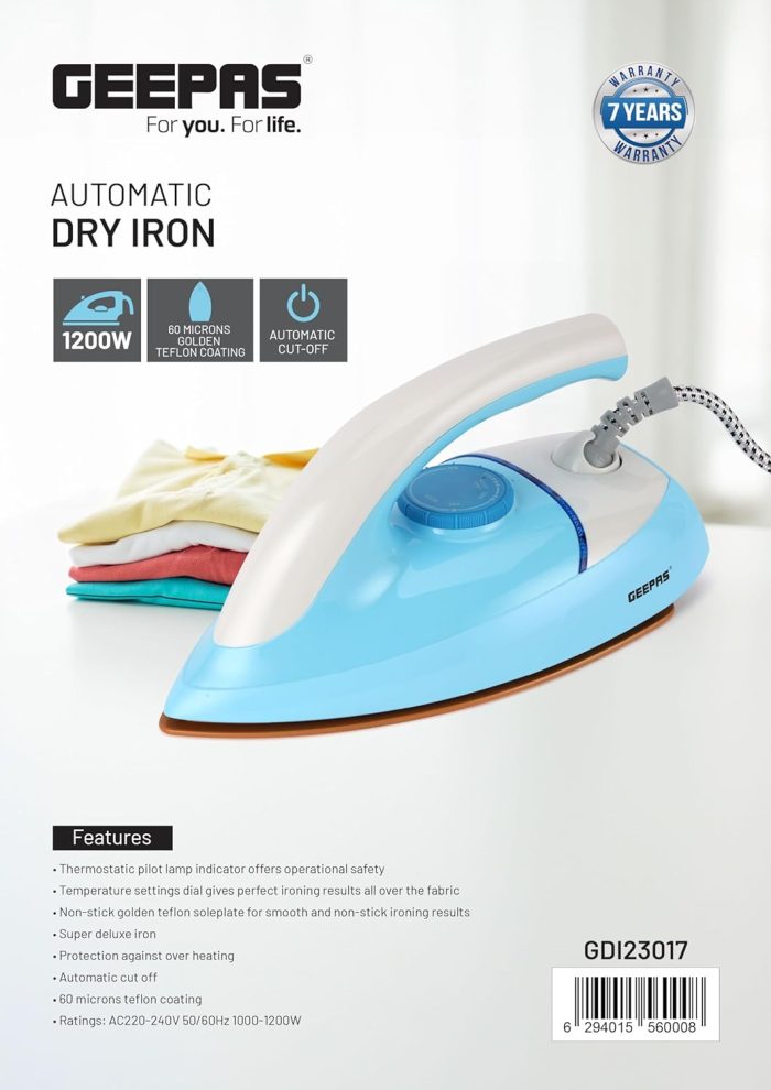 Geepas GDI23017 Dry Iron|Non-Stick Coating Plate & Adjustable Thermostat Control | Indicator Light with ABS Material | 2 Years Warranty