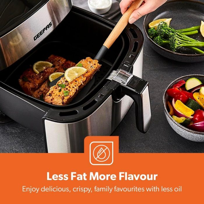 Geepas ' Vortex 7.5L Digital Air Fryer – Family-Sized 10-in-1 Convection Air Fryer with LED Touchscreen, 60 Min Timer & Non-Stick Basket, – 2 Years Warranty, 1800W', Black