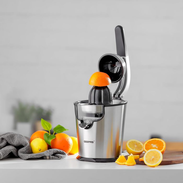 Geepas Stainless Steel Citrus Juicer-GCJ46018| Juicer for Orange Juice, Lemon| Deluxe Stainless Steel Body with Aluminum Die-Casting Handle| Metallic Silver, 2 Years Warranty