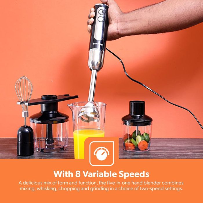 Geepas 5-In-1 Hand Blender | Chopper/Food Processor | Electric Whisk | 8 Variable Speeds, Stainless Steel Blade For Blending The Perfect Smoothies And Grinding Coffee | 600W | 2 Year Warranty