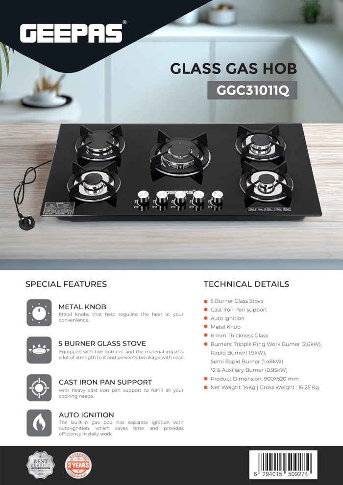 Geepas GGC31011 5-Burner Gas Hob - Attractive Design, 8mm Tempered Glass Worktop - Automatic Ignition, 5 Heating Zones | Ergonomic Design, Stainless Steel Body