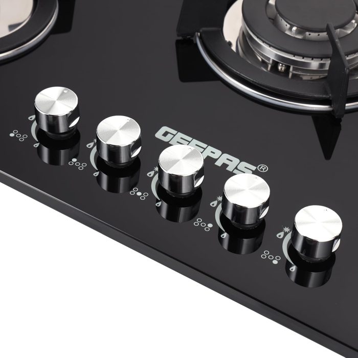 Geepas GGC31011 5-Burner Gas Hob - Attractive Design, 8mm Tempered Glass Worktop - Automatic Ignition, 5 Heating Zones | Ergonomic Design, Stainless Steel Body