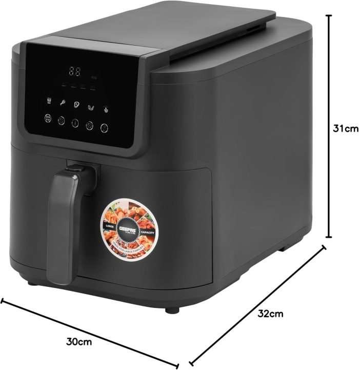 Geepas Digital Air Fryer- GAF37534| 8 L Capacity with VORTEX Air Frying Technology| Digital Display, Multiple Function, 1-60 Min Timer| 2 Years Warranty, Black