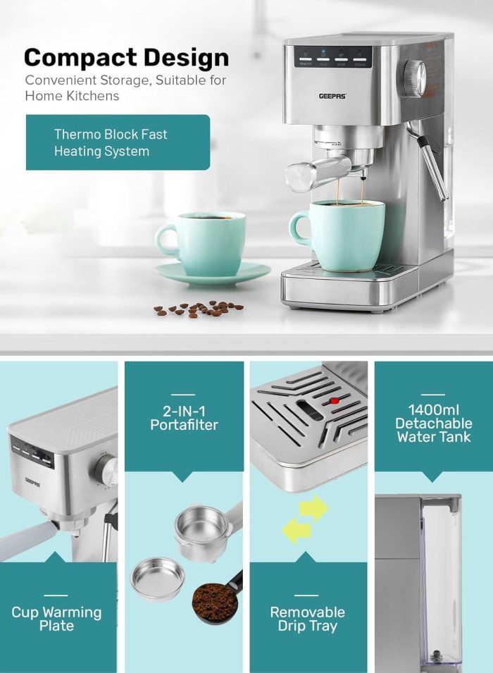 Geepas Espresso and Cappuccino Coffee Machine- GCM1523SS| Die-Cast Aluminum Boiler and 1.8 L Detachable Water Tank| Makes Cappuccino, Lattes, Espresso
