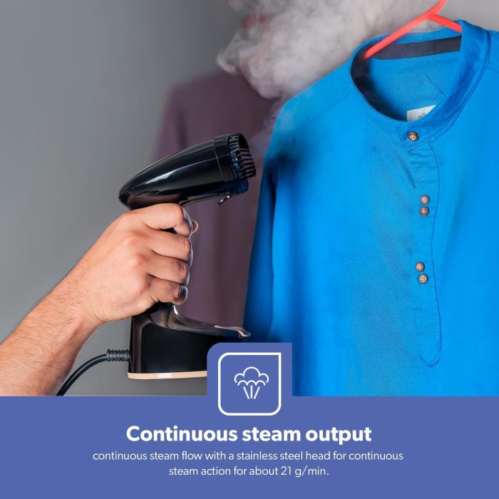 Geepas Handheld Garment Steamer- GGS25034| Ready to Use in 30 Seconds| Suitable for All Kinds of Fabric | Equipped with Stainless Steel Head and 150 ML Capacity| Black and golden, 2 Years Warranty Geepas Handheld Garment Steamer- GGS25034| Ready to Use in 30 Seconds| Suitable for All Kinds of Fabric | Equipped with Stainless Steel Head and 150 ML Capacity| Black and golden, 2 Years Warranty