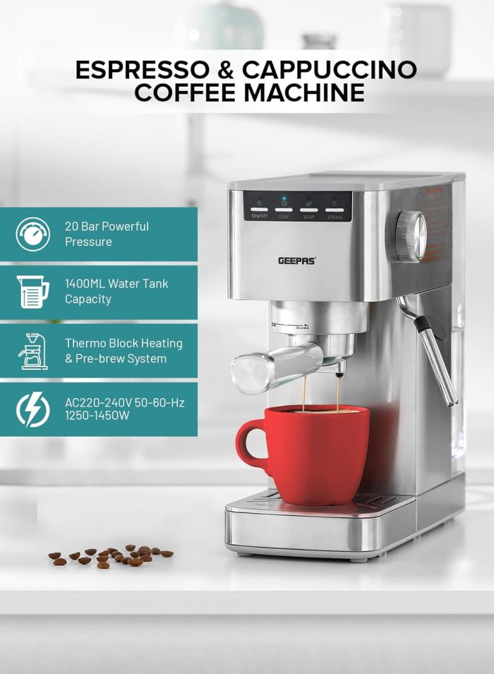 Geepas Espresso and Cappuccino Coffee Machine- GCM1523SS| Die-Cast Aluminum Boiler and 1.8 L Detachable Water Tank| Makes Cappuccino, Lattes, Espresso