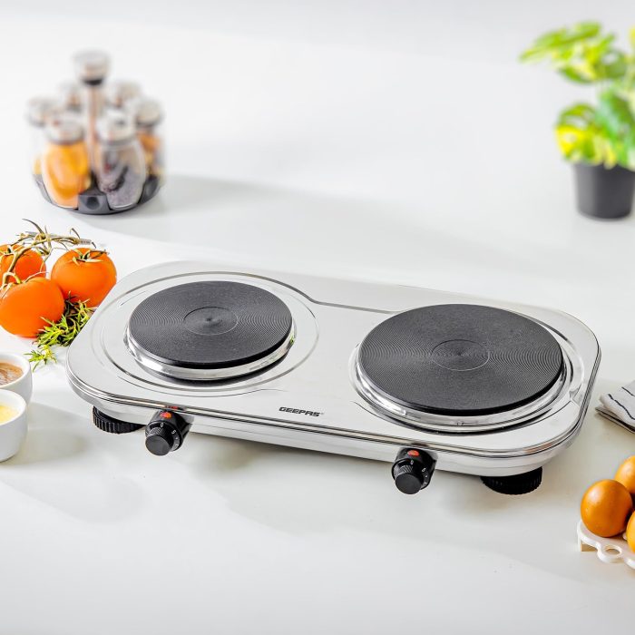 Geepas 2500W Stainless Steel Double Hot Plate – Portable Electric Hob Double Burner with Adjustable Temperature Control, Cast Iron