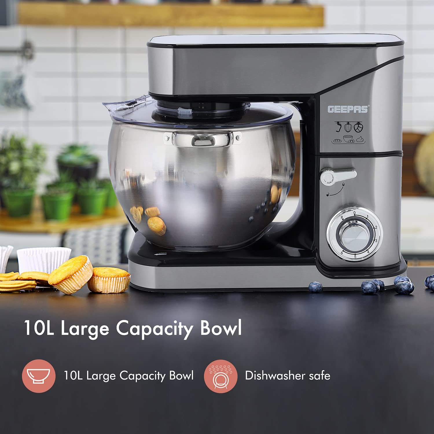 71xn4AIg20S._AC_SL1500_ Geepas 2000W Stand Mixer 10L Stainless Steel Mixing Bowl for Bread & Dough, Tilt up Head 6 Speed with Pulse Power Indicator, Multicolor, Gsm43041
