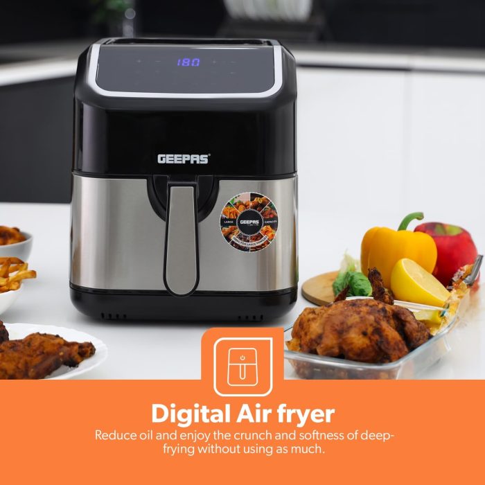 Geepas 5L Digital Air Fryer with Vortex – 10-in-1 Convection Air Fryer with LED Touchscreen, 60 Minutes Timer & Non-Stick Basket – Oil Free Toaster Oven | 2 Years WarrantyGAF37527