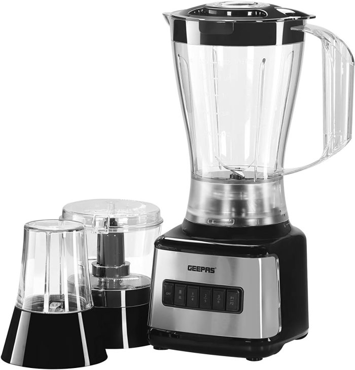 Geepas GSB44017 500W 3 in 1 Stainless Steel Blender - 8 Speed Control , 1.5L Plastic jar, 4 Sharp Blades & 2 Blending Preset Juicer- Mill & Chopping Blender, Anti-Slip feet Design | 2 Year Warranty