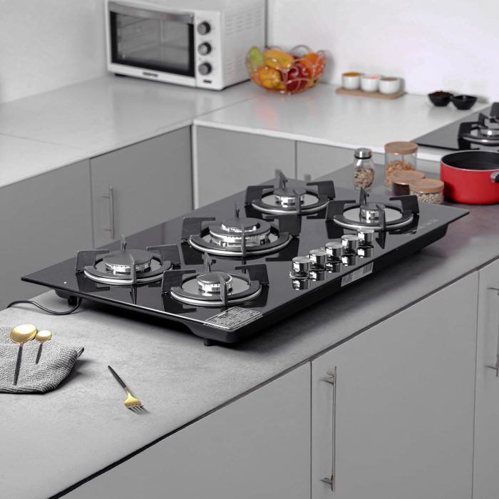 Geepas GGC31011 5-Burner Gas Hob - Attractive Design, 8mm Tempered Glass Worktop - Automatic Ignition, 5 Heating Zones | Ergonomic Design, Stainless Steel Body