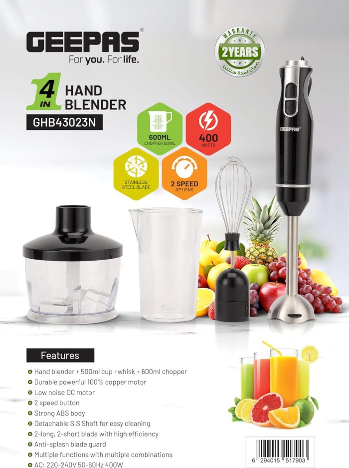 Geepas GHB43023-400W 3-in-1 Immersion Hand Blender| Ideal 2 Speed Mini Food Processor for Baby Food Soup Vegetables Fruits | 860ml Chopper Bowl & Electric Egg Whisk - 2 Years Warranty