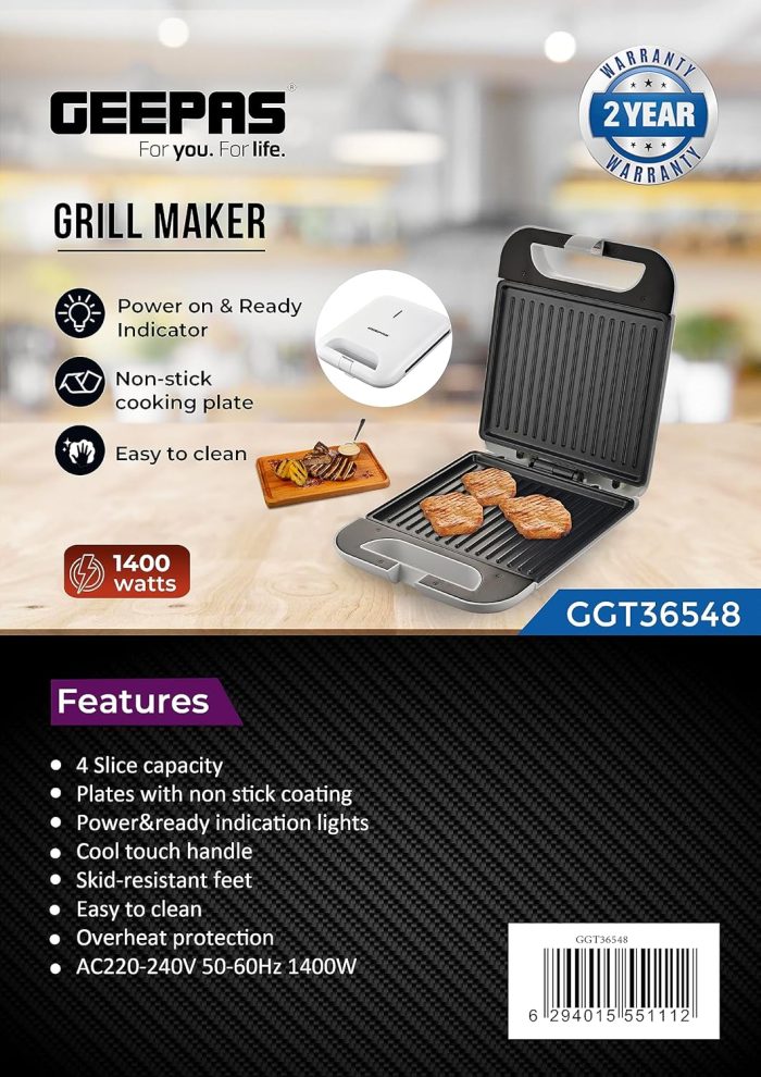 Geepas Grill Maker- GGT36548 Non-Stick Cooking Plates with Overheat Protection Cool Touch Housing and Handle, Power ON and Ready Indicators Perfect for Grilling Vegetables, Chicken, Meat - black