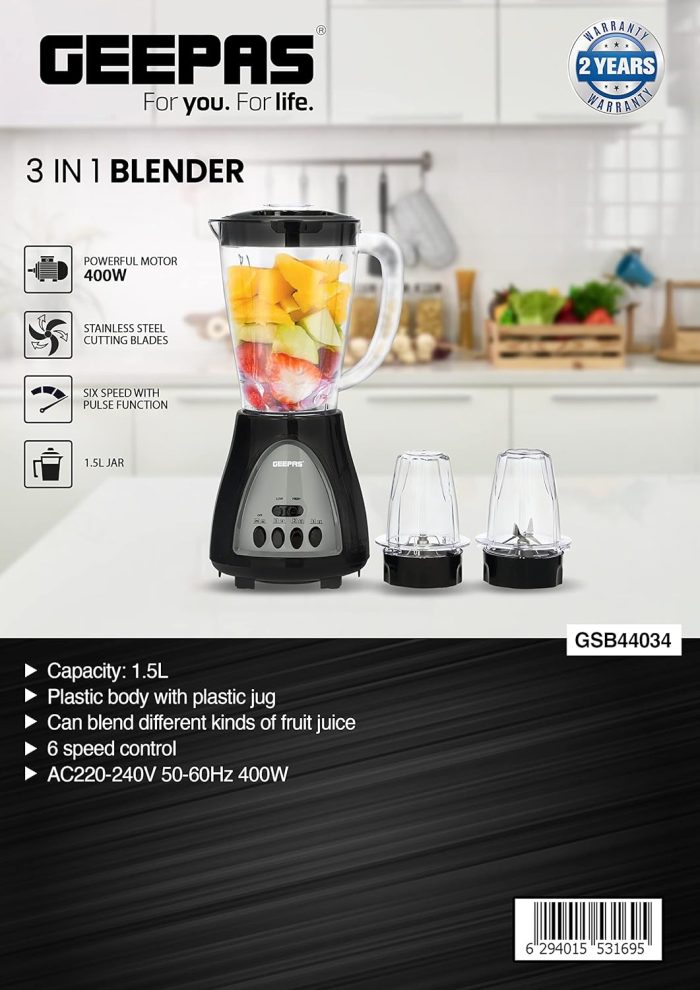 Geepas 3 In 1 Blender, Powerful Motor 400W, Gsb44034 Stainless Steel Cutting Blades Six Speed With Pulse Function 1.5L Jar Juice Extractor For Whole Fruits Vegetables, Ice Crusher, Black