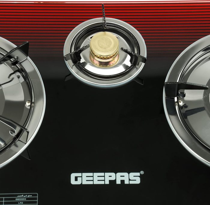 Geepas GGC31012 3-Burner Gas Cooker Size 70mm, 40mm & 90mm Respectively - Ergonomic Design, Automatic Ignition, 3 Heating Zones | Stainless Steel Frame & Tray