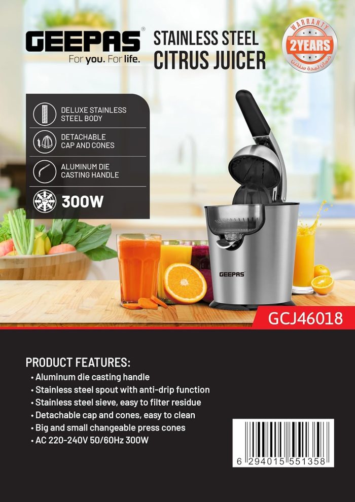 Geepas Stainless Steel Citrus Juicer-GCJ46018| Juicer for Orange Juice, Lemon| Deluxe Stainless Steel Body with Aluminum Die-Casting Handle| Metallic Silver, 2 Years Warranty