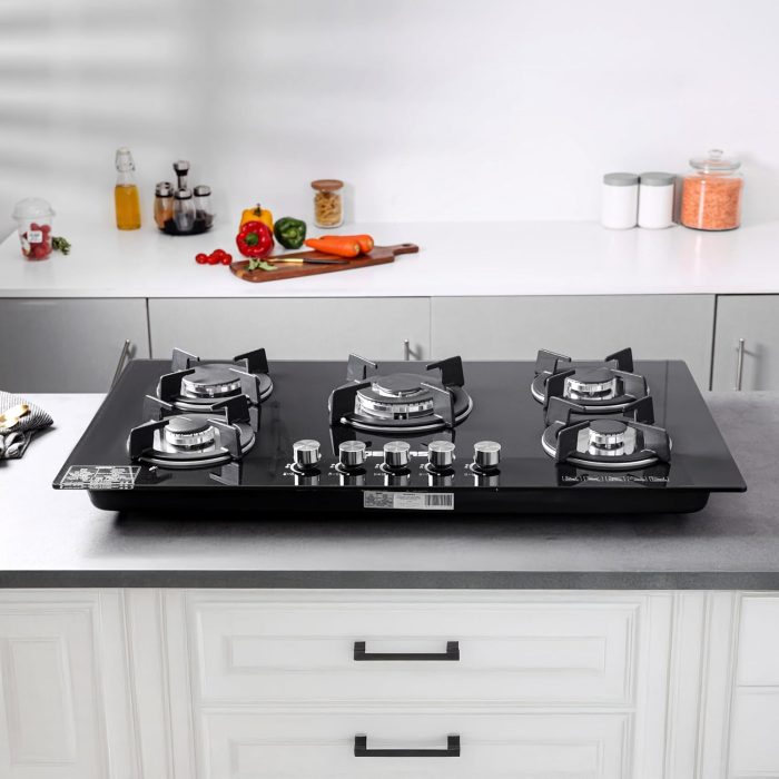 Geepas GGC31011 5-Burner Gas Hob - Attractive Design, 8mm Tempered Glass Worktop - Automatic Ignition, 5 Heating Zones | Ergonomic Design, Stainless Steel Body