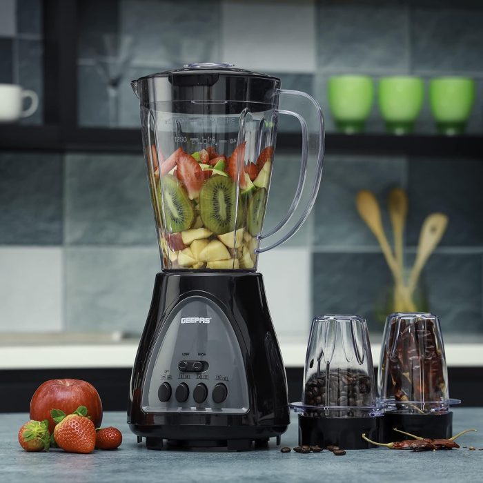 Geepas 3 In 1 Blender, Powerful Motor 400W, Gsb44034 Stainless Steel Cutting Blades Six Speed With Pulse Function 1.5L Jar Juice Extractor For Whole Fruits Vegetables, Ice Crusher, Black