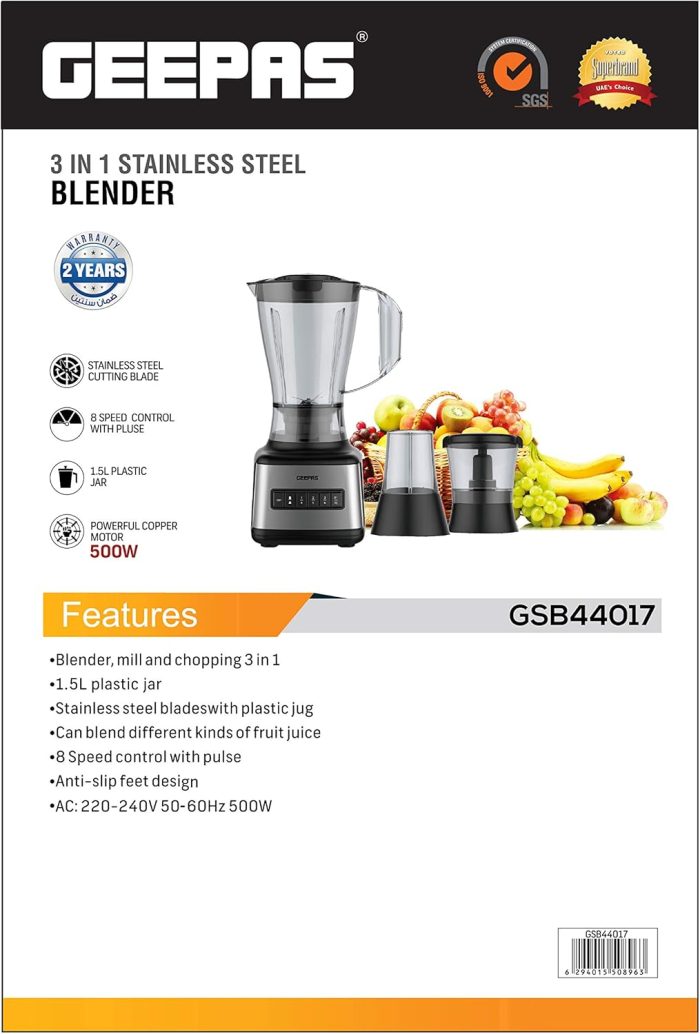 Geepas GSB44017 500W 3 in 1 Stainless Steel Blender - 8 Speed Control , 1.5L Plastic jar, 4 Sharp Blades & 2 Blending Preset Juicer- Mill & Chopping Blender, Anti-Slip feet Design | 2 Year Warranty