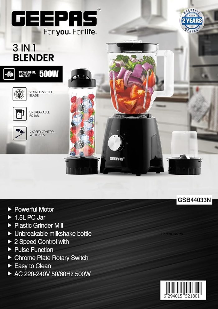 GEEPAS 3-in-1 Super Blender GSB44033 | 2 Speed and Pulse Function | | 1.5L & 500ml BPA Jar | 2 Year Manufacturer Warranty