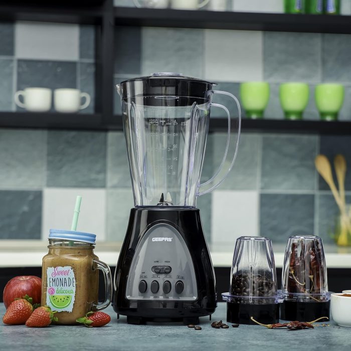 Geepas 3 In 1 Blender, Powerful Motor 400W, Gsb44034 Stainless Steel Cutting Blades Six Speed With Pulse Function 1.5L Jar Juice Extractor For Whole Fruits Vegetables, Ice Crusher, Black