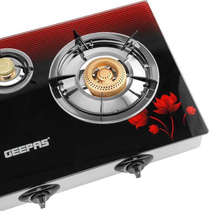 Geepas GGC31012 3-Burner Gas Cooker Size 70mm, 40mm & 90mm Respectively - Ergonomic Design, Automatic Ignition, 3 Heating Zones | Stainless Steel Frame & Tray