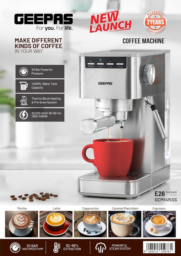 Geepas Espresso and Cappuccino Coffee Machine- GCM1415SS E26 Platinum Series, Equipped with 20 Bar High Pressure Pump and Powerful Steam System Makes Cappuccino, Lattes, Espresso, Macchiato, Mocha