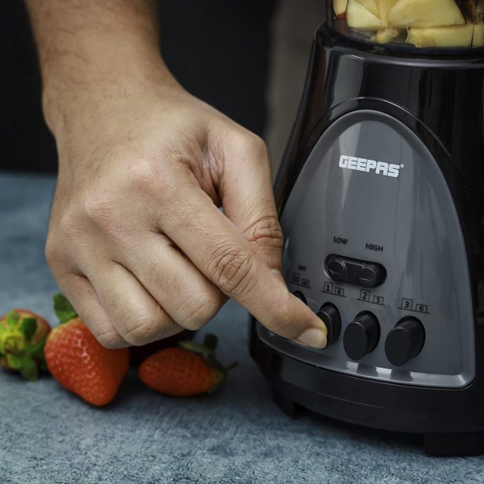 Geepas 3 In 1 Blender, Powerful Motor 400W, Gsb44034 Stainless Steel Cutting Blades Six Speed With Pulse Function 1.5L Jar Juice Extractor For Whole Fruits Vegetables, Ice Crusher, Black