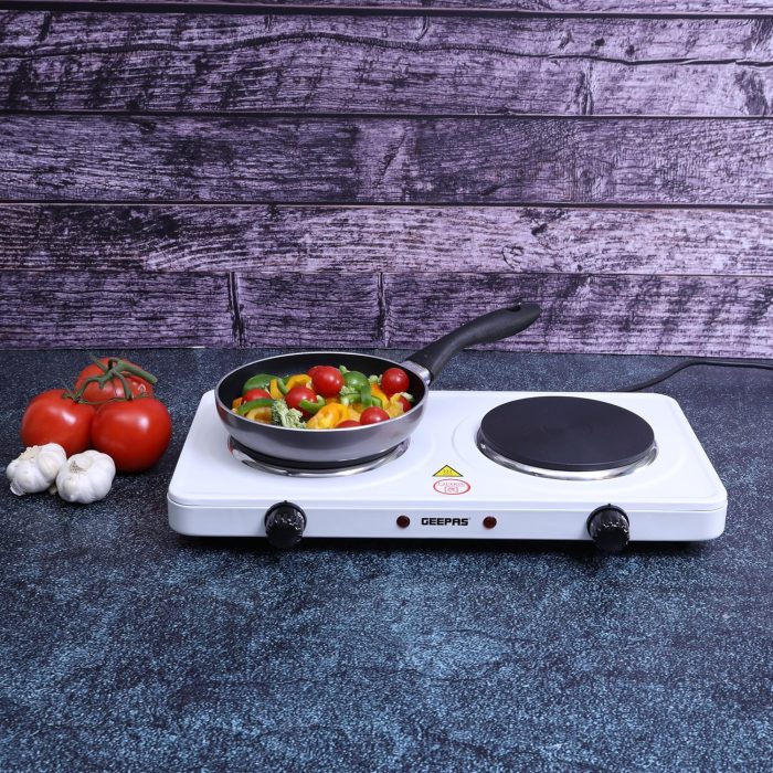 Geepas GHP32014 2000W Dual Hot Plate Overheat protection Cast Iron Heating Plate 155mm - Portable Electric Hob with Temperature Control for Home, Camping & Caravan Cooking