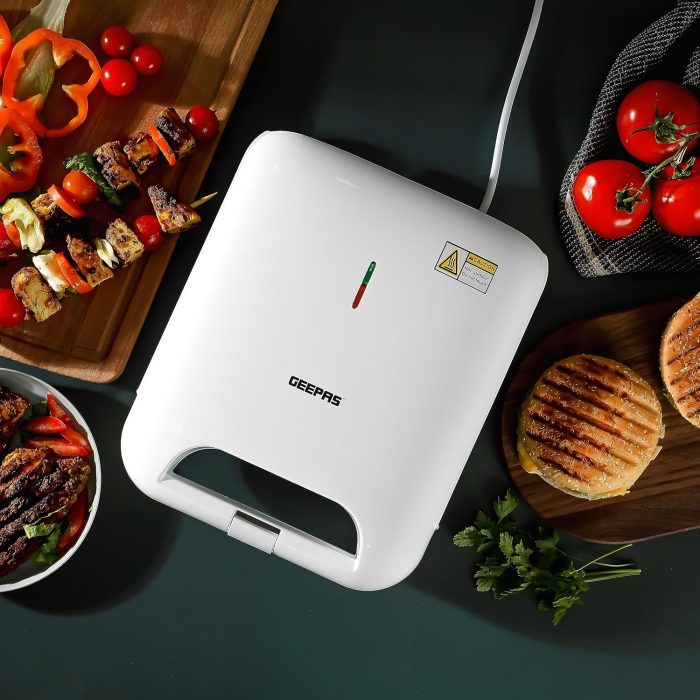 Geepas Grill Maker- GGT36548 Non-Stick Cooking Plates with Overheat Protection Cool Touch Housing and Handle, Power ON and Ready Indicators Perfect for Grilling Vegetables, Chicken, Meat - black