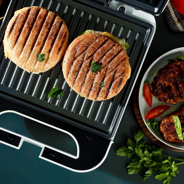Geepas Grill Maker- GGT36548 Non-Stick Cooking Plates with Overheat Protection Cool Touch Housing and Handle, Power ON and Ready Indicators Perfect for Grilling Vegetables, Chicken, Meat - black