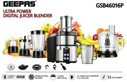 Geepas GSB46016P Digital Food Processor is a powerful and multifunctional kitchen appliance designed to handle all your food prep needs with ease. Featuring a robust motor and user-friendly digital controls, it can chop, slice, shred, blend, and knead with precision. With multiple speed settings and attachments, this processor is ideal for making smoothies, dough, purees, and more. Its compact design saves space while delivering exceptional performance for modern kitchens.