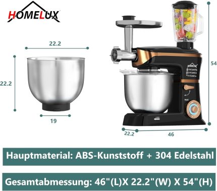 HOMELUX Universal Food Processor 3-in-1 Set, 2000 W Mixer, Multifunctional Mixer with 6 Speeds, 1.5 L Juicer, 5 L Stainless Steel Bowl, Kitchen Aid for Versatile Preparation, Black Gold