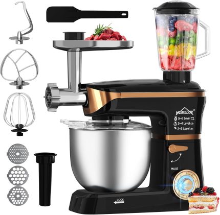 HOMELUX Universal Food Processor 3-in-1 Set, 2000 W Mixer, Multifunctional Mixer with 6 Speeds, 1.5 L Juicer, 5 L Stainless Steel Bowl, Kitchen Aid for Versatile Preparation, Black Gold